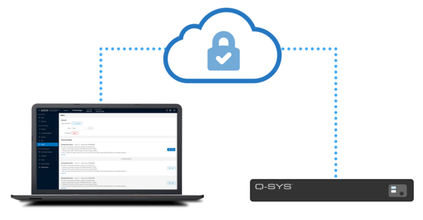 ノートパソコンとQ-SYSハードウェアを接続するロック付きクラウドのイラスト
