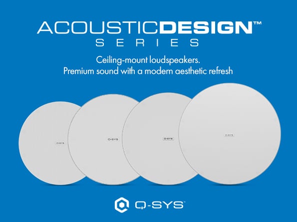 4 つの Q-SYS ゼロベゼル モデルのグラフィックAcousticDesign シリーズシーリングマウントスピーカー。モダンな美学を備えたプレミアムサウンド Q-SYS