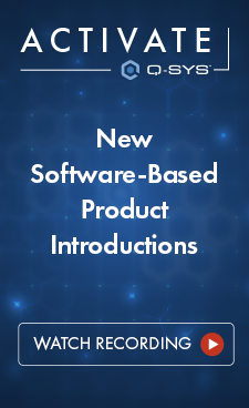画像テキスト：ソフトウェアベースの新製品紹介、録画を見る。Q-SYSロゴを有効にする