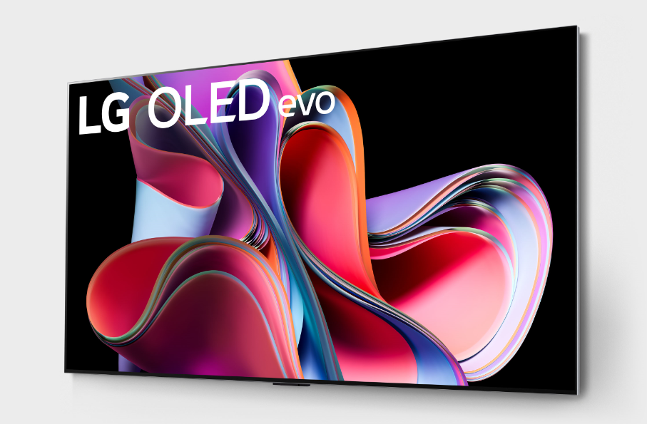 LG OLED evo コンシューマーディスプレイ（画面上にカラフルなグラフィック）