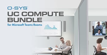 「Q-SYS UC コンピューティング バンドル for Microsoft Teamsミーティングルーム」というテキストが表示された分割可能な会議室の画像