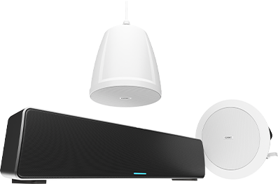 View of three Q-SYS NL Series Network Loudspeakers including an in-ceiling speaker, pendant speaker and sound bar