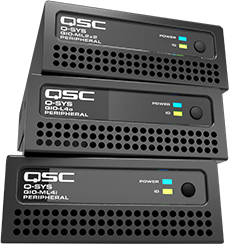 Three Q-SYS QIO Network I/O Expanders stacked on top of eachother