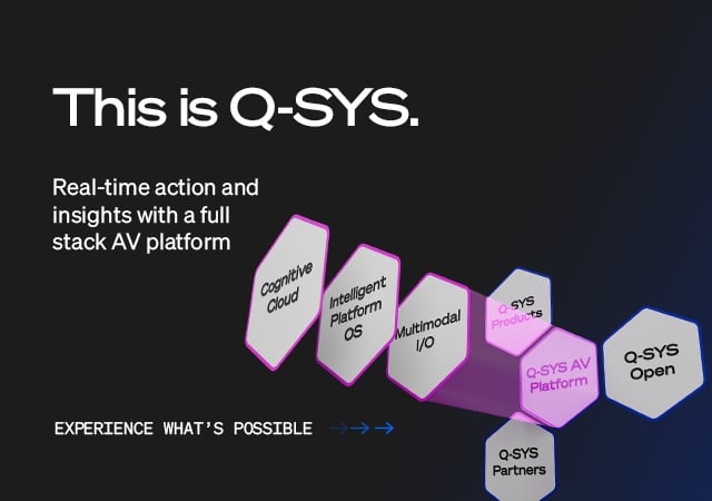 Q-SYS フルスタック AV プラットフォーム バナー、テキスト 'This is Q-SYS.フルスタックAVプラットフォームによるリアルタイムのアクションと洞察 