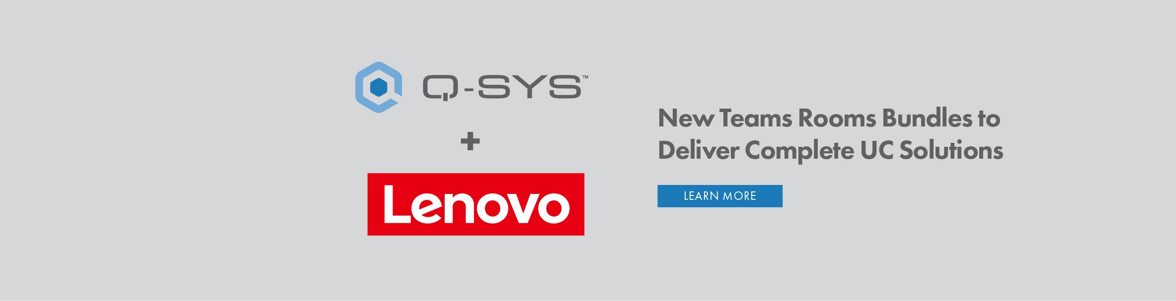 Q-SYS と Lenovo のロゴ、「完全なソリューションを提供する新しい Teams Rooms バンドル」