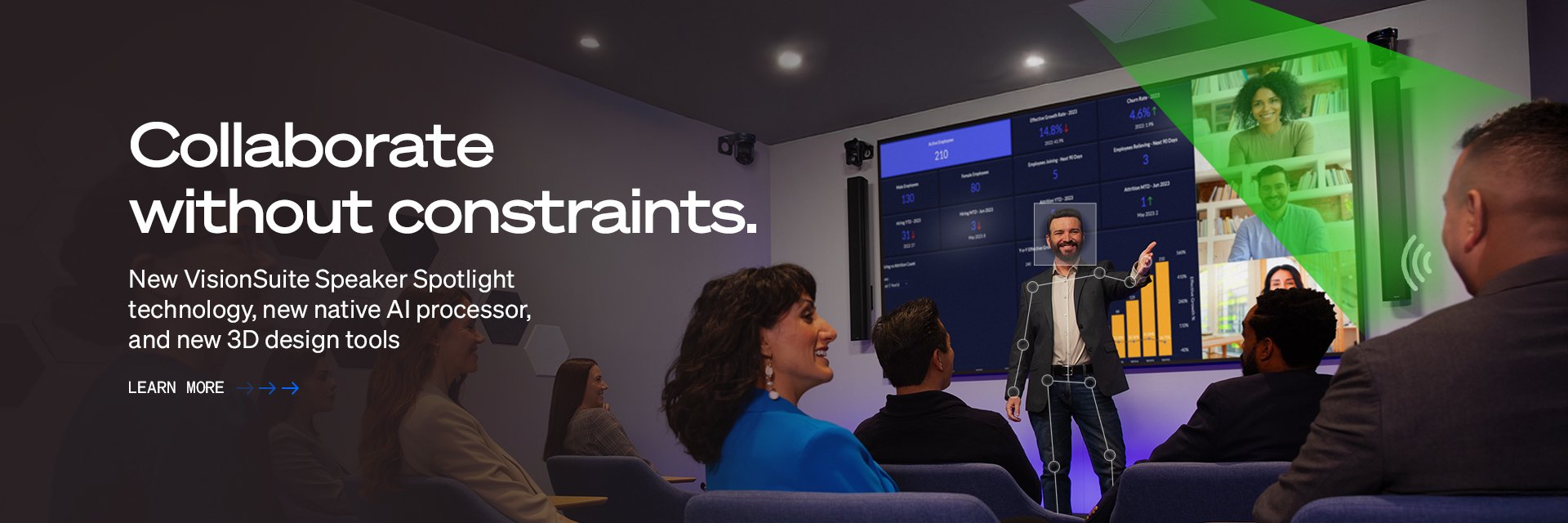 Q-SYS VisionSuiteのバナーテキストは次のとおりです。｢新しい VisionSuite スピーカー スポットライト テクノロジー、新しいネイティブ AI プロセッサー、および新しい 3D デザイン ツール｣