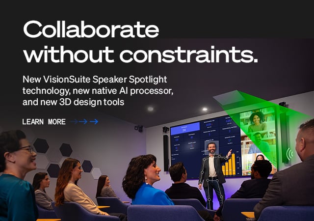 Q-SYS VisionSuiteのバナーテキストは次のとおりです。｢新しい VisionSuite スピーカー スポットライト テクノロジー、新しいネイティブ AI プロセッサー、および新しい 3D デザイン ツール｣