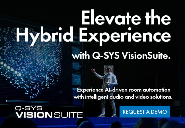 Q-SYS VisionSuiteのバナーテキスト：「インテリジェントなオーディオおよびビデオソリューションでAI主導のルームオートメーションを体験」