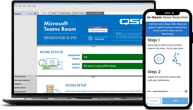 Q-SYS 用のMicrosoft Teamsミーティングルームデザインを表示したノートパソコンとスマートフォン