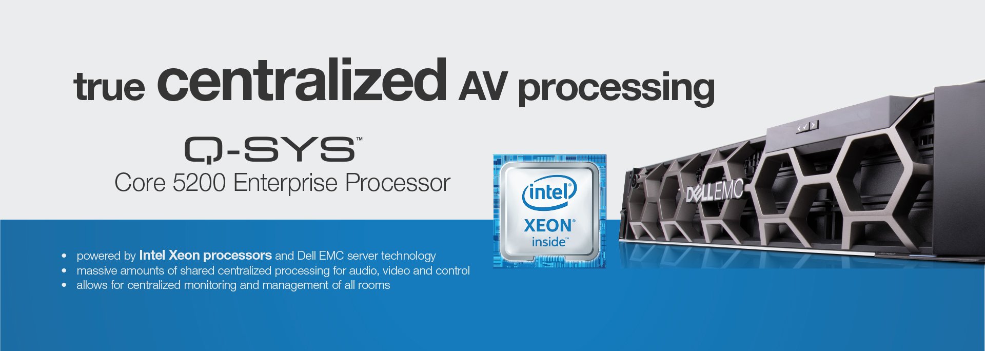 Intel Xeon プロセッサーを使用した Q-SYS Core 5200エンタープライズ プロセッサーの一部の機能を説明するバナー